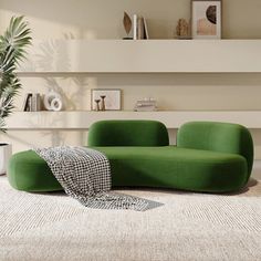 a green couch sitting on top of a white rug in a living room next to a potted plant