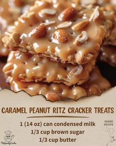 caramel peanut ritz cracker treats are stacked on top of each other