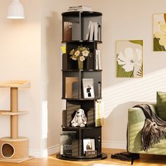 a living room with a book shelf in the corner