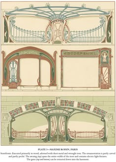 an architectural drawing of the interior and exterior of a building with arched windows, wrought iron railing