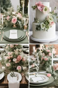 four different shots of a table setting with flowers and candles