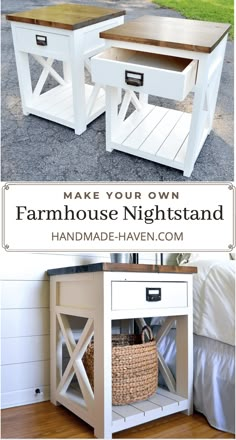 two side tables made out of wood and white paint, with the words make your own farmhouse