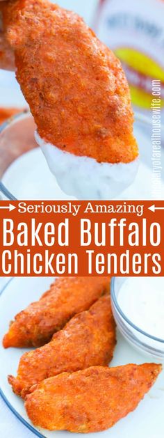 baked buffalo chicken tenders on a plate with ranch dressing in the background and text overlay reading seriously amazing baked buffalo chicken tenders