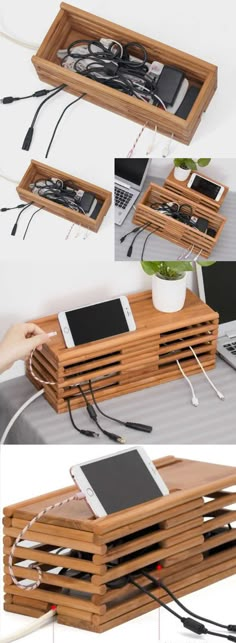 a wooden table with electronics attached to it