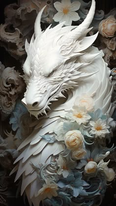 a white dragon is surrounded by flowers and other things in the background, as if it were made out of paper