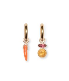 Lizzie's wear-every-day item is a long gold chain with coral cornicellos passed down from her Italian grandmother. These earring charms make the perfect addition to your 14k gold hoops and are a symbol of good luck. Please note: this style only pairs with our Fine Mood Hoops Coral cornicello horn earring charm with 14k gold bale and ring Sold as single charm Total gemstone carat weight: 1.54 Charm height: approx. 0.8" Interior diameter of ring: 3.3mm Limited edition Handmade in Italy with Medite Earring Charm, 14k Gold Hoop Earrings, Horn Earrings, Hoop Charms, Citrine Earrings, Orange Coral, Earring Charms, Fall Accessories, Gold Earring