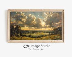 a painting hanging on the wall with clouds in the sky above it and an image studio tv frame art below