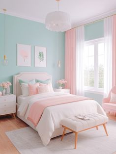 a bedroom decorated in pastel colors with pink and blue accents, including a white bed