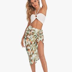 Floerns Women's Boho Floral Print Split Thigh Satin Ruched Midi Skirt. Multi Color Tie Dye. Fold Pleated Ruched Side, Asymmetrical Split Thigh, Various Printing Style, Knee Length Skirt. #174 White Beachwear Mini Skirt, Green Skirt Bottoms For Beach, Green Summer Mini Skirt For The Beach, Green Summer Mini Skirt For Beach, Summer Green Mini Skirt For Beach, White High-waist Bottoms For Beach Party, Green Mini Skirt For Beach, High-waist Summer Mini Skirt For Beach, High Waist Summer Mini Skirt For Beach