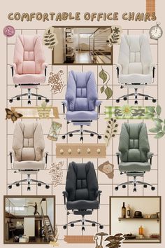 an image of office chairs in different colors and sizes on a gridded background with text that reads comfortable office chairs