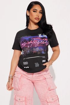 West Side Views Short Sleeve Tee - Black | Fashion Nova, Screens Tops and Bottoms | Fashion Nova Pink Crew Neck, Gal Gadot Wonder Woman, Fashion Nova Outfits, Cute Comfy Outfits, West Side, Black And Pink, Womens Loungewear, Casual Street Style, Graphic Tees Women