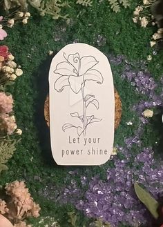 a sign that says let your power shine on the ground next to some grass and flowers