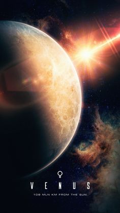 an artist's rendering of the planet venus with its sun and stars in the background