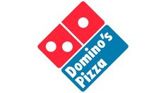 the domino's pizza logo is shown in red, white and blue with two dices on it