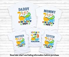 three matching shirts with the words,'daddy of the birthday boy and mommy of the baby