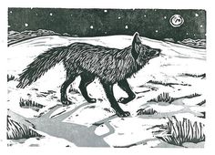 a black and white drawing of a fox walking in the snow at night with moon behind it