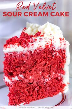 a slice of red velvet sourcream cake on a plate