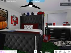 a bedroom with a bed, dresser and basketballs on the wall