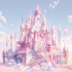 a pink castle surrounded by clouds and kites