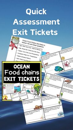 the ocean food chains exit ticket is in front of some blue water and there are several pictures