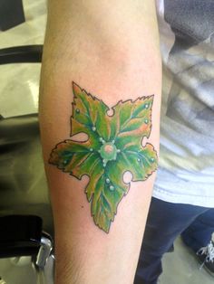 a person with a tattoo on their arm has a green and yellow leaf in the shape of a cross