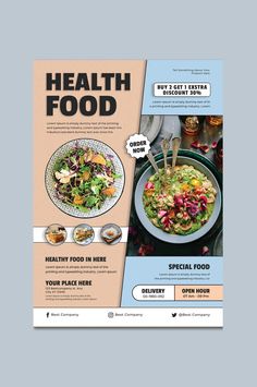 a brochure for health food is shown on a table with plates and utensils