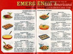 an old recipe book with pictures of different food items on it and the words emergency written in english