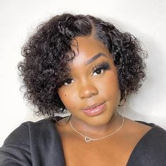 Short Cut Curly Glueless HD T-part Lace Wig Side Part Lace Wig With Bangs, Extreme Hair Growth, Hd Lace Wig, Hair Care Oil, Human Hair Color, Short Curly Wigs, Wig With Bangs, Short Pixie Cut, Side Part