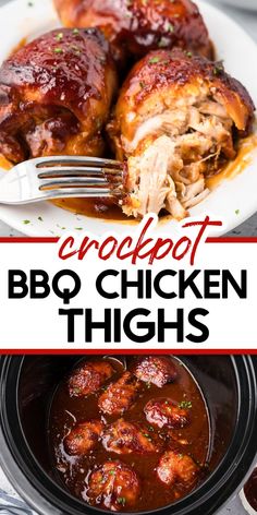 crockpot bbq chicken thighs in a slow cooker with text overlay