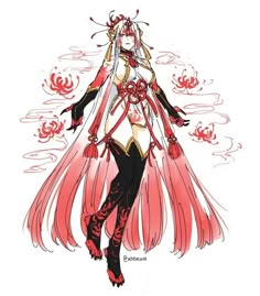 a drawing of a woman with long red hair and an elaborate dress, standing in front of