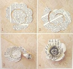 four pictures showing how to make an ornament out of book pages and paper