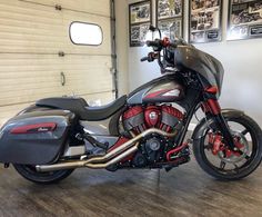 a motorcycle is parked in a garage