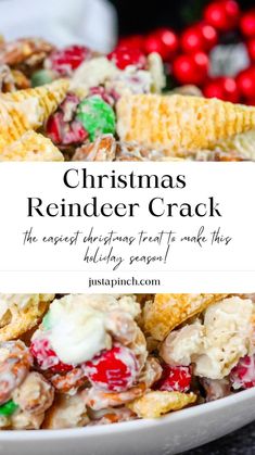 20min · 19 servings     Ingredients for Christmas Reindeer Crack  • 2 cups Bugles  • 2 cups mini-pretzels  • 2 cups rice chex cereal  • 2 cups dry roasted peanuts  • 2 cups red and green M&Ms  • 24oz white chocolate  https://www.justapinch.com/recipes/snack/other-snack/christmas-reindeer-crack.html Reindeer Snacks For Kids School Parties, Sweets For Christmas Desserts, Christmas Snack Mix Recipes, Christmas Sweet Snacks, Christmas Snack Ideas, Snack Christmas, Christmas Snack Mix, Holiday Candy Recipes, Easy Christmas Candy Recipes