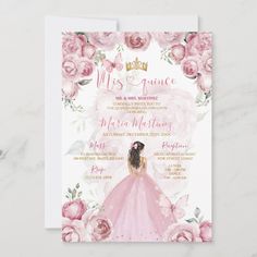 a pink and white wedding card with roses on the front, featuring a girl in a princess dress