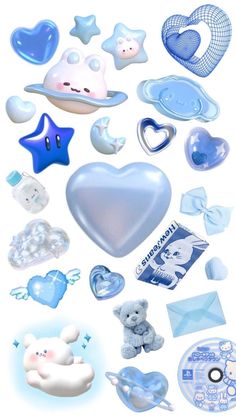 a collection of baby items are shown in blue and white, including an infant's pacifier