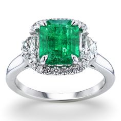 JULEVE 18KT WHITE GOLD 1.96CT EMERALD & 0.85CTW DIAMOND RING White Gold Ring, Brilliant Diamond, Half Moon, White Gold Rings, Emerald Cut, Round Brilliant, Gold Ring, Gold Diamond, Diamond Ring