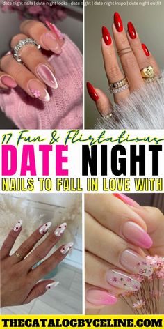 Fall in love with these fun and flirtatious date night nails! From classic red nails to playful polka dot nails, our top 17 nail designs are perfect for your romantic evening. Discover cute pink nails, glitter nails, French manicure nails, heart-shaped nails, and more. Elevate your style with matte nails, midnight blue nails, floral nails, and nude elegance. Try passionate purple nails, metallic nails, candy-colored nails, edgy black nails, and chic chevron nails. Get inspired with these nail-tastic ideas and make your date night extra special with the perfect nails. Explore the best date night nail designs today! date night nails | date night looks | date night | date night inspo | date night outfit | date night style White Spiderweb Nails, Blue Nails Floral, Night Nail Designs, Black Spiderweb Nails, Nails Midnight Blue, Nail Acrylic Almond, Edgy Black Nails, Midnight Blue Nails, Date Night Nails