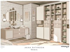 an artistic rendering of a bathroom with white brick walls and beige cabinetry, along with two sinks