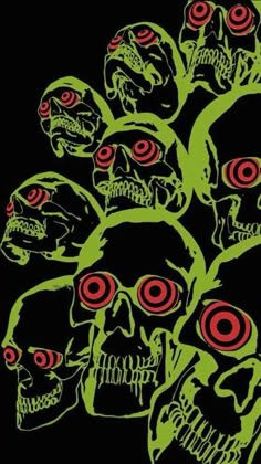 a bunch of skulls with red eyes and green hair are shown in the middle of a black background