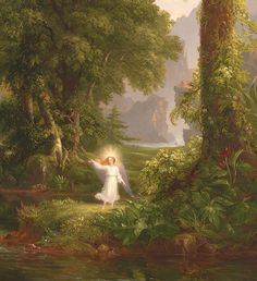 a painting of an angel standing in the middle of a forest