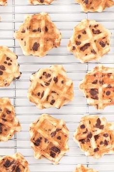 chocolate chip waffles on a cooling rack ready to be baked in the oven