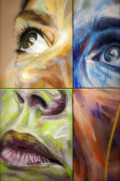 four different colored images of the same woman's face, one with her eyes open