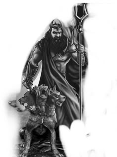 a black and white drawing of a man holding a spear with two dogs on it