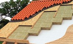 an image of a roof that is being constructed with wood shingles and orange tiles