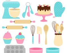 an assortment of kitchen utensils and baking supplies are shown in this set up