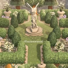 a painting of a garden with a statue in the center