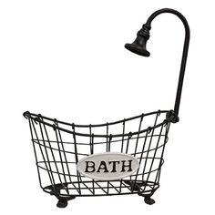 a bath basket with a light on it and the word bath written in white letters