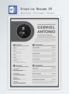 a professional resume template with an image on the front and back cover, in black and white