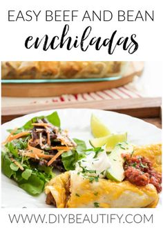 easy beef and bean enchiladas on a white plate