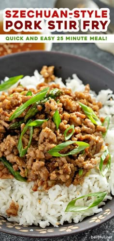 a plate with rice, meat and green beans on it is featured in the ad for segehanan - style pork stir fry